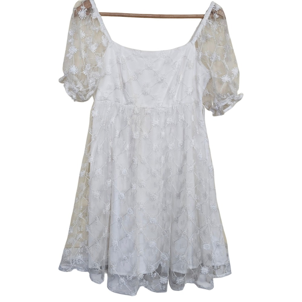 Tullabee Floral Lace Puff Sleeve Mini Dress Womens Med White Coastal Cowgirl